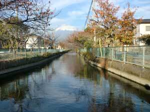 写真：中掘用水路と富士山