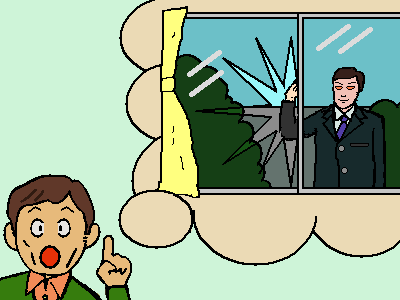 イラスト：証言している男性の吹き出しの中で、背広姿の男性が窓ガラスを割ろうとしている
