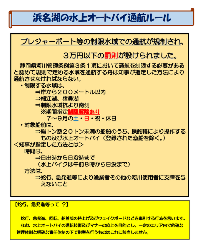ポスターの写真：水上オートバイ通航ルールが記載されている
