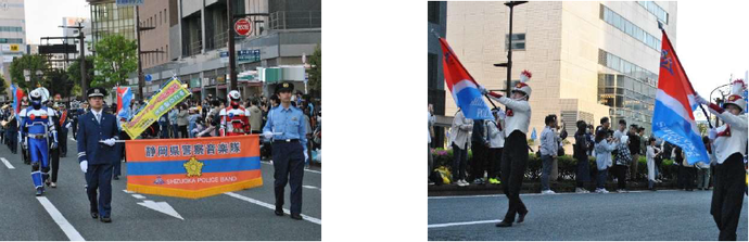 　浜松中央署員、静岡県警察広報大使アーマードポリスneo-レオ・レナとともに浜松まつり音楽パレードに参加し、交通安全を呼び掛けました♪