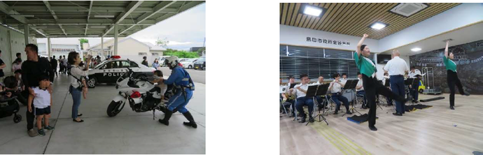 島田警察署によるパトカー・白バイの乗車体験とともに、音楽隊の演奏をおこないました♪　曲間には、音楽隊員による交通事故防止の寸劇をおこないました♪