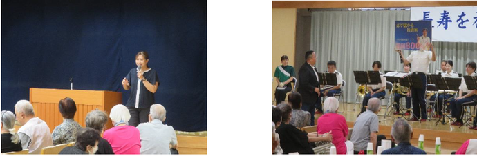  静岡南警察署員による特殊詐欺被害防止講話とともに、音楽隊の演奏をおこないました♪　演奏の合間には、音楽隊員によるSNS型投資詐欺被害防止の寸劇をおこないました♪