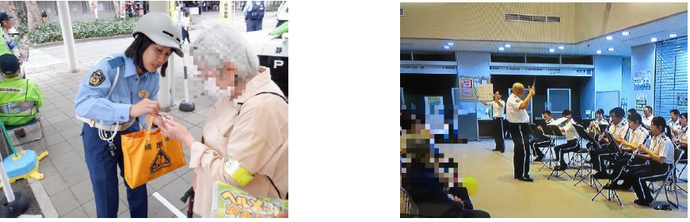 三島署員、交通安全協会による広報ブースの設置とともに、音楽隊の演奏をおこないました ♪