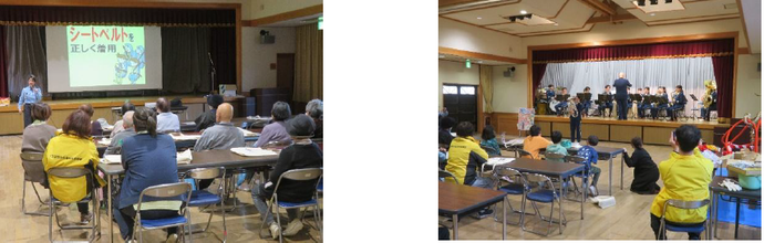 静岡中央署員・交通安全指導員による交通安全講話とともに、音楽隊の演奏をおこないました ♪　演奏の合間には、SNS型投資詐欺防止の寸劇を行いました ♪