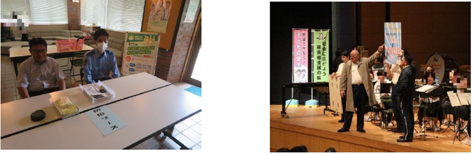 伊豆中央署員による国際電話の利用休止を申し込むブースの設置とともに、音楽隊の演奏を行いました♪　また、演奏の合間にはSNS型投資詐欺防止の寸劇、来場者による指揮体験、韮山中学校の吹奏楽部・伊豆中央署員ととも合同演奏を行いました ♪