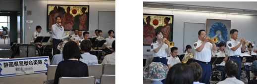 写真:(左)生活安全企画課員による特殊詐欺被害防止広報の様子、(右)県警音楽隊トランペット隊員