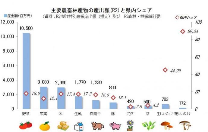 グラフ：農畜産物の生産額と県内シェア