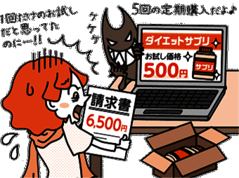 イラスト：1回だけのお試しだと思ってたのに・・・！！5回の定期購入だよ
