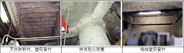 写真：吹付けアスベスト例（天井断熱材・壁吸音材、鉄骨耐火被覆、機械室吸音材）