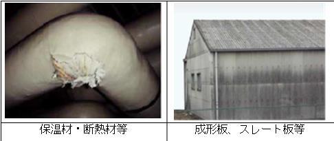 写真：アスベスト含有建材の使用例（保温材・断熱材等、成形版、スレート板等）