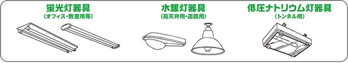 イラスト：照明器具種類（蛍光灯器具・水銀灯器具・低圧ナトリウム灯器具）