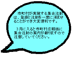 市町村が実施する集合注射は、登録と注射を一度に済ませることができ大変便利です。3月に入ると市町村広報誌に集合注射の案内がのりますので注意していていください。