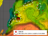 イラスト：「カツオ漁場が形成される確率の高い潮目」の位置を予測するモデル