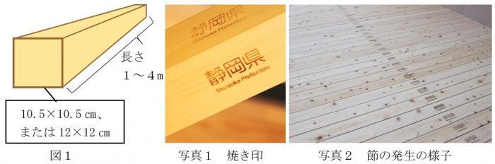 図1：木材の様子のイラスト、写真1：焼き印、写真2：節の発生の様子