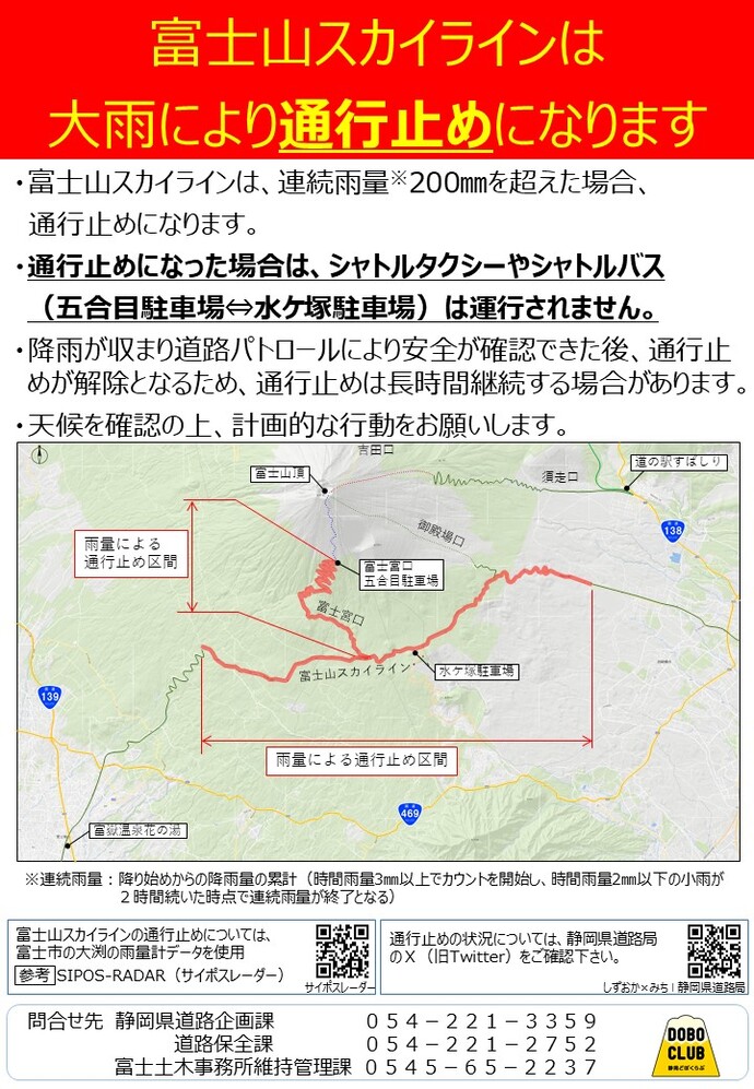 富士山スカイラインは大雨により通行止めになります