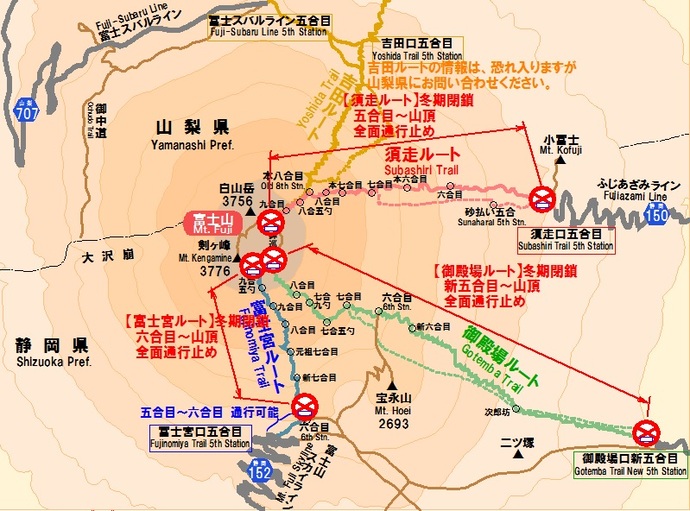 地図:富士山登山ルート