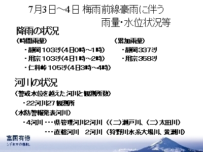 スライド写真：7月3日から4日 梅雨前線豪雨に伴う雨量・水位状況等