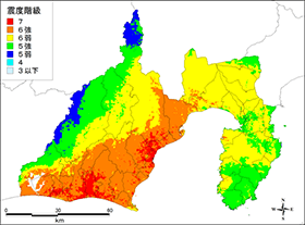 地図：南海トラフ地震による推定震度