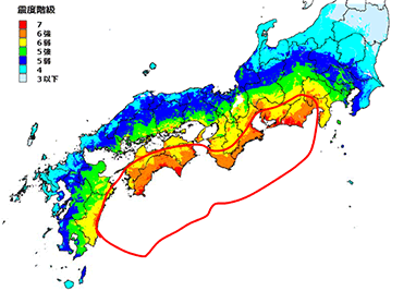地図：南海トラフ巨大地震の想定震源域と想定震度