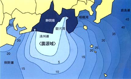 地図:東海地震発生時に予想される津波がおそってくるまでの時間