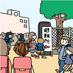 イラスト：避難所として利用されている学校