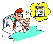 イラスト：ベッドで赤ちゃんを抱いている女性