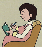 イラスト：ソファに座りノートにメモをしている妊婦
