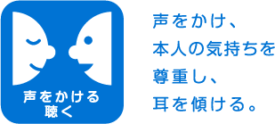 イラスト：声をかける 聴く 声をかけ、本人の気持ちを尊重し、耳を傾ける。