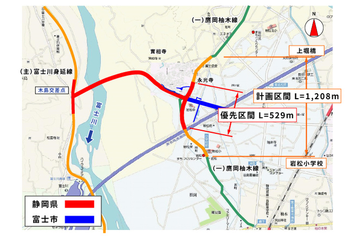 イラスト：県道鷹岡柚木線の道路整備区間図