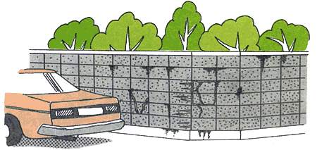 イラスト：傾き、ひび割れのある塀