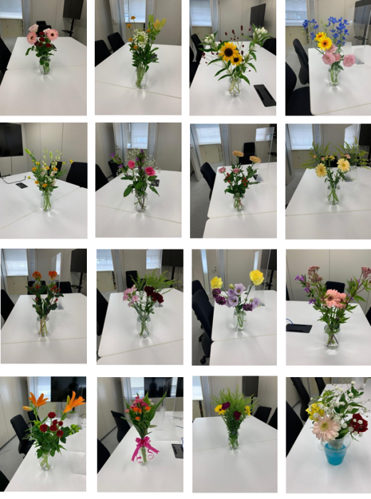 写真：14枚の色とりどりの花瓶の花