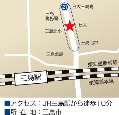 地図：ityounamiki　アクセス　JR三島駅から徒歩10分　所在地　三島市