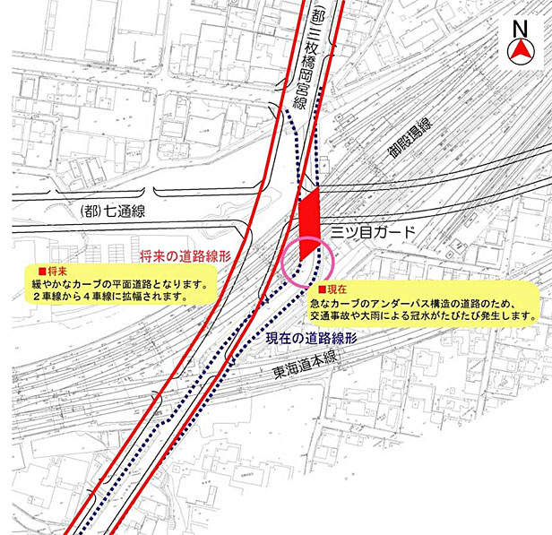 地図：三ツ目ガードの現在と将来の比較図