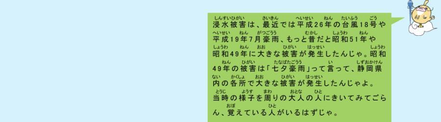 イラスト：なまず仙人　浸水被害は、最近では平成26年の台風18号や平成19年7月豪雨、もっと昔だと昭和51年や昭和49年に大きな被害が発生したんじゃ。昭和49年の被害は「七夕豪雨」って言って、静岡県内の各所で大きな被害が発生したんじゃよ。当時の様子を周りの大人の人にきいてみてごらん、覚えている人がいるはずじゃ。