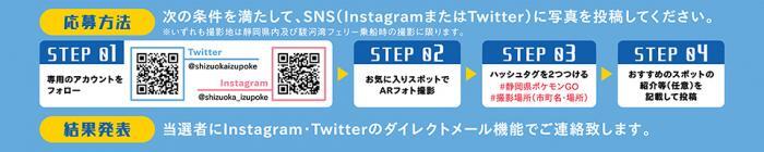 写真：応募方法の案内　次の条件を満たして、SNS（InstagramまたはTwitter）に写真を投稿してください。　STEP1専用のアカウントをフォロー　STEP2お気に入りスポットでARフォト撮影　STEP3ハッシュタグを2つつける　#静岡県ポケモンGO　#撮影場所（市町名・場所）　STEP4おすすめのスポットの紹介等（任意）を記載して投稿　結果発表　当選者にInstagram・Twitterのダイレクトメール機能でご連絡致します。