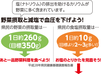 イラスト：野菜接種と減塩で血圧を下げよう！