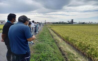 写真：畑でドローンを操作して播種している様子