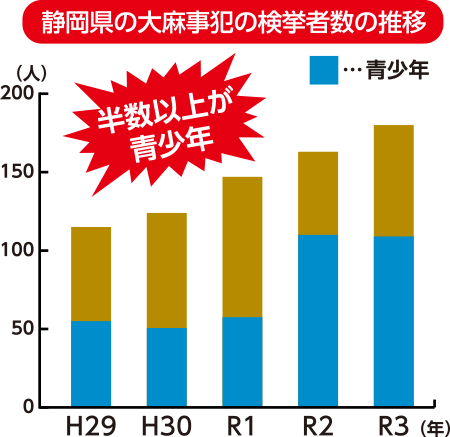 表：静岡県の大麻事犯の検挙者数の推移