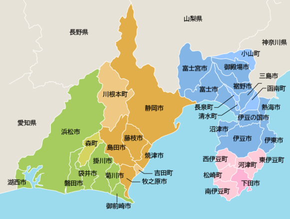 静岡県内の市町村を示した地図
