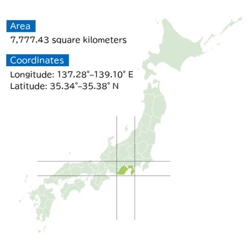 Map showing location of Shizuoka Prefecture in Japan,Area: 7,777.43 square kilometers,Coordinates,Longitude: 137.28°‒139.10° E,Latitude: 35.34°‒35.38° N,