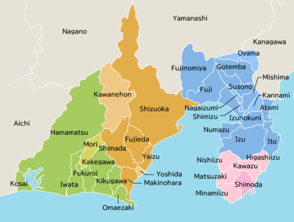 Mapa com indicação de cidades, vilas e aldeias da província de Shizuoka