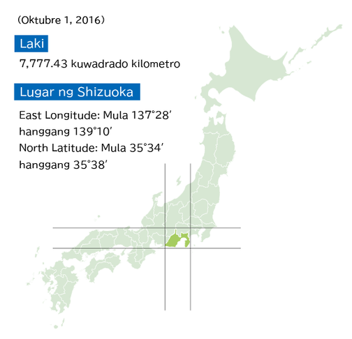 Shizuoka Prefecture sa Mapa ng Japan,Laki: 7,777.43 kuwadrado kilometro,Lugar ng Shizuoka,East Longitude: Mula 137°28′ hanggang 139°10′ ,North Latitude: Mula 35°34′ hanggang 35°38′,