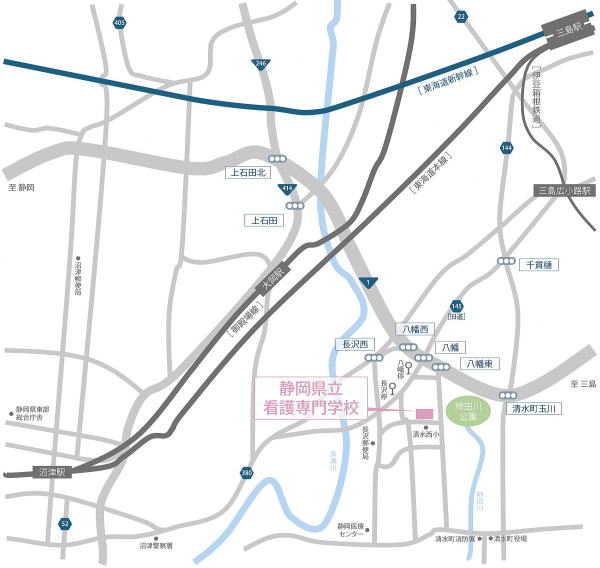 地図：JR沼津駅、JR三島駅を起点とした看護学校までの案内図