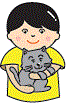 イラスト：黄色いTシャツを着た少年が猫を抱いている