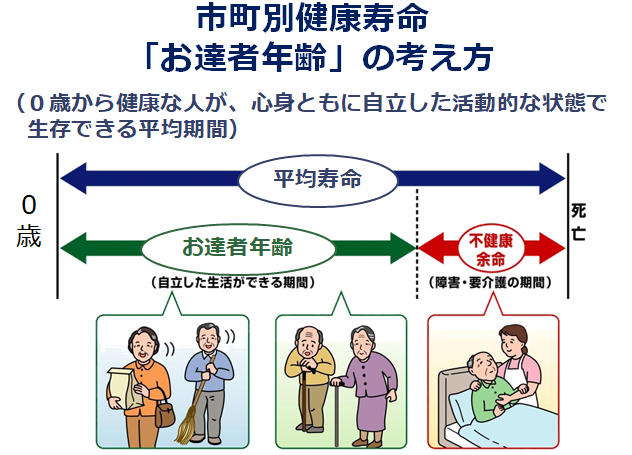 イラスト:0歳で健康で自立している人が心身ともに自立した活動的な状態で生存できる平均期間を絵で説明している