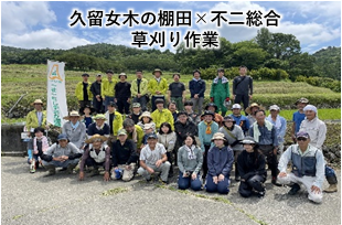 写真:久留女木の棚田と不二総合の共同草刈り作業