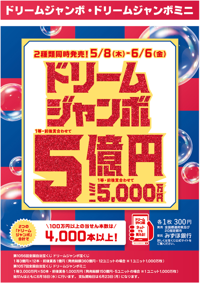 ドリームジャンボ・ドリームジャンボミニ 第1056回全国自治宝くじ　ドリームジャンボ 1等・前後賞合わせて5億円、1等3億円が12本、前後賞各1億円、 発売総額360億円、12ユニットの場合、1ユニット1000万枚。　第1057回全国自治宝くじ　ドリームジャンボミニ 1等3000万円が50本、前後賞各1000万円、 発売総額150億円、5ユニットの場合、1ユニット1000万枚。　発売期間は5月8日木曜日から6月6日金曜日まで。 抽せん日はともに6月18日水曜日、各1枚300円。