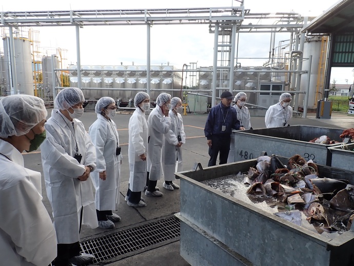 写真:視察研修会の様子(白衣を着た参加者が工場の魚ざんさを見学している様子)