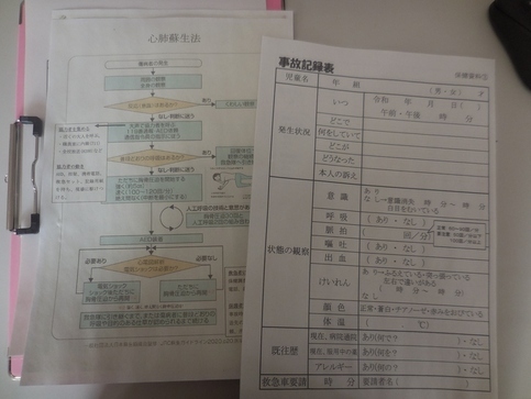 写真:救命のマニュアルと記録用紙