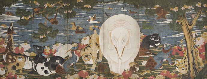 伊藤若冲 樹花鳥獣図屏風